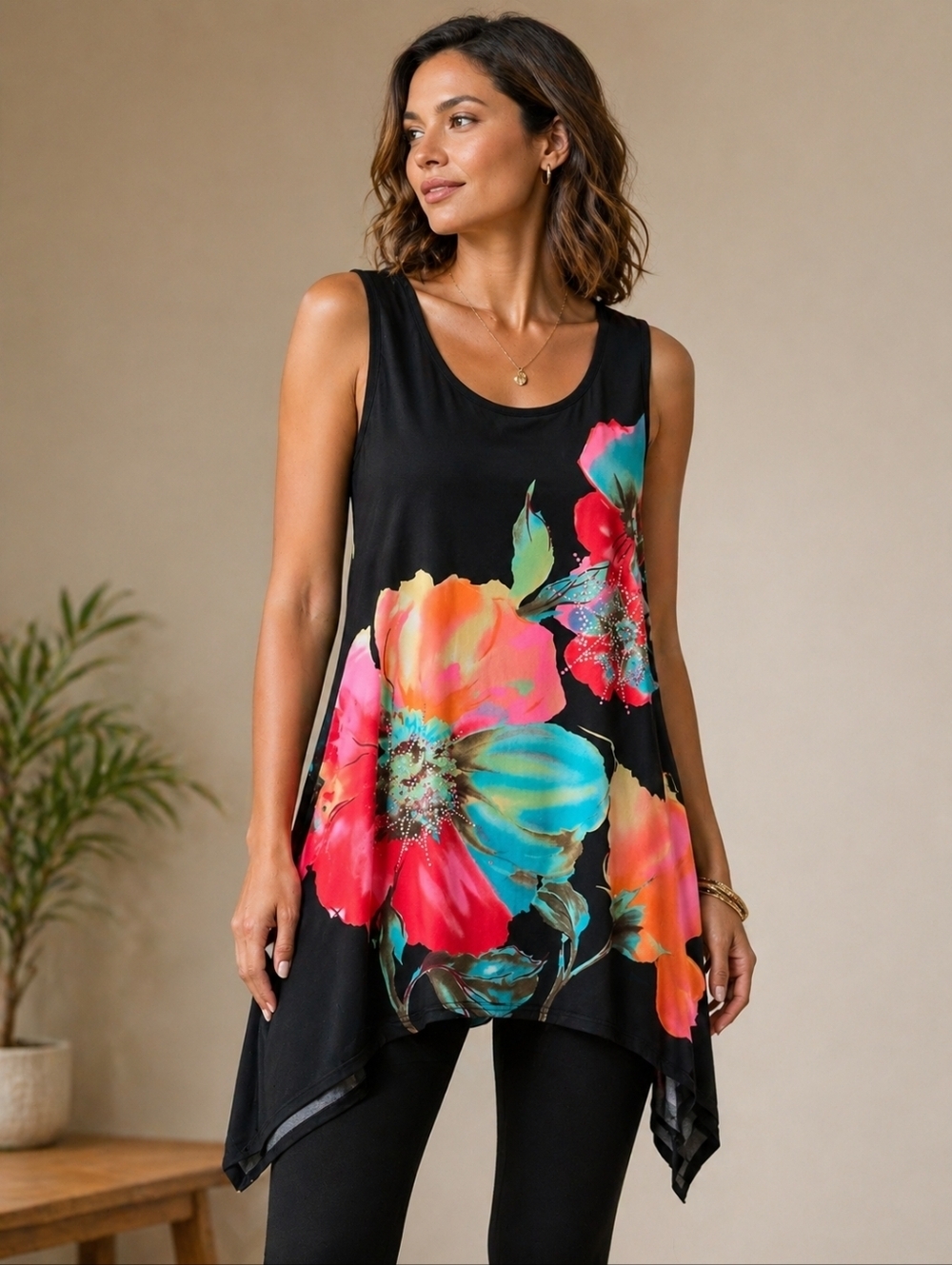 Bali | Black Tank Top with Vibrant Floral Print, Ptp 18 1/2" To 25"